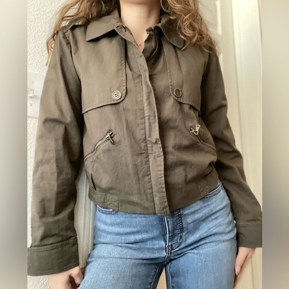 PAIGE Aubrey Utility Trench Jacket Cropped Sz Small Green Military Style